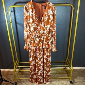 Jay Godfrey Red and White Maxi Sundress with Long Bishop Sleeves and‎ Plunge